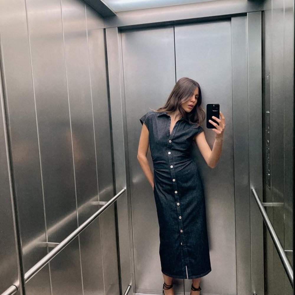 ZARA MIDI SHIRTDRESS NAVY BLUE